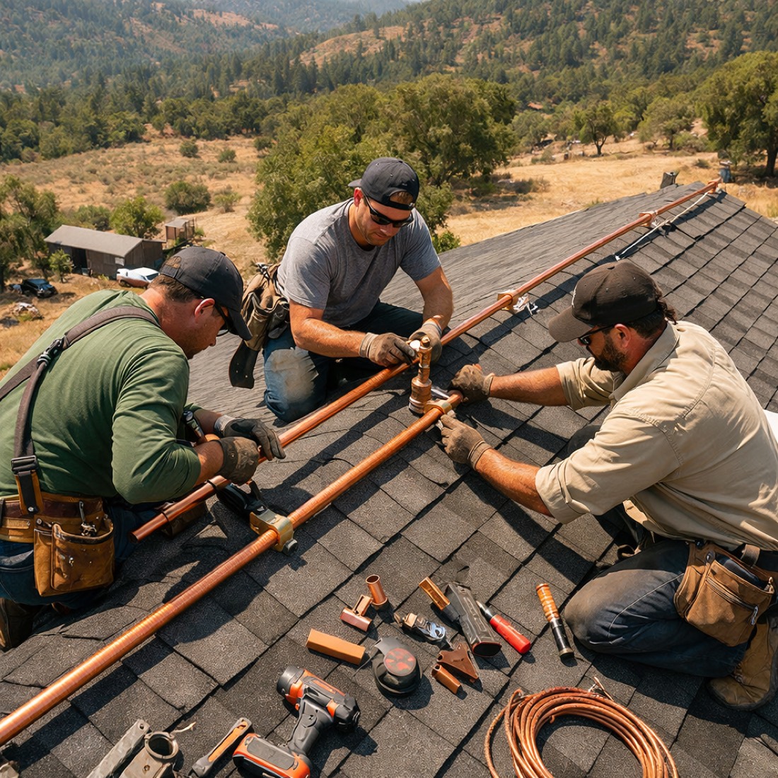 The Fire Defense Systems crew installing copper sprinkler lines on a hillside rooftop